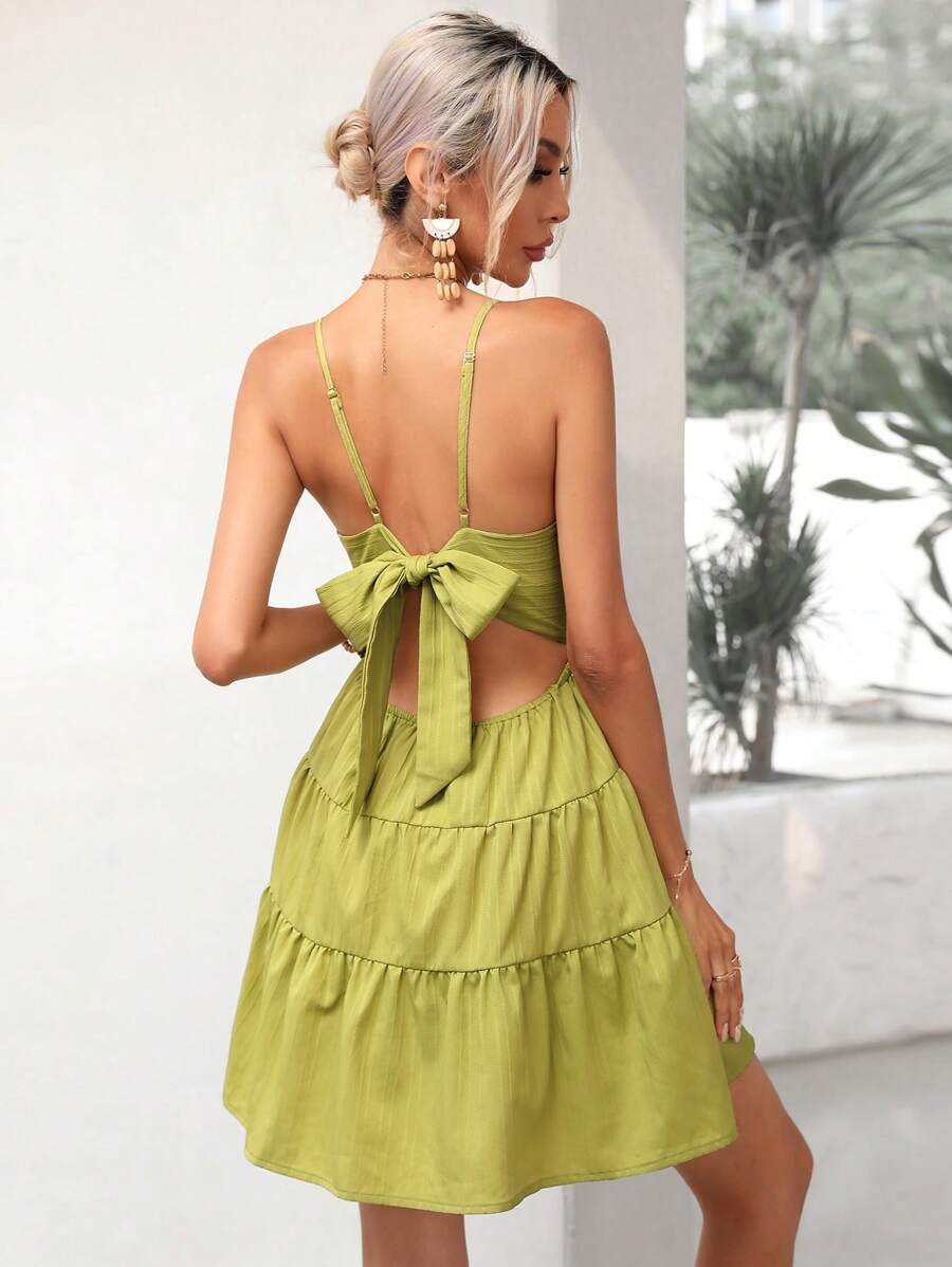 GENKIRA Tie Backless Ruffle Hem Cami Dress - Green - View 1