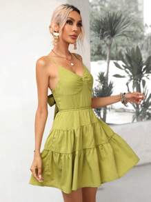 GENKIRA Tie Backless Ruffle Hem Cami Dress - Green - View 2