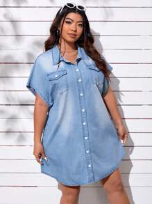 SHEIN SXY Plus Flap Pocket Batwing Sleeve Denim Dress