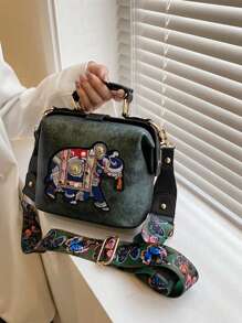 Yogodlns 刺绣大象图案手提包，复古宽肩带斜挎包，女士迷你方形夹钱包，母亲节礼物 - 綠色 - 查看 1