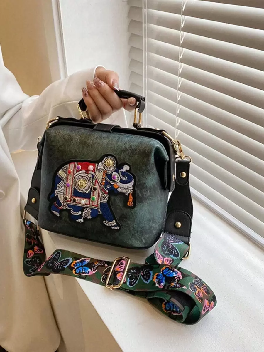 Yogodlns 刺绣大象图案手提包，复古宽肩带斜挎包，女士迷你方形夹钱包，母亲节礼物 - 綠色 - 查看 1