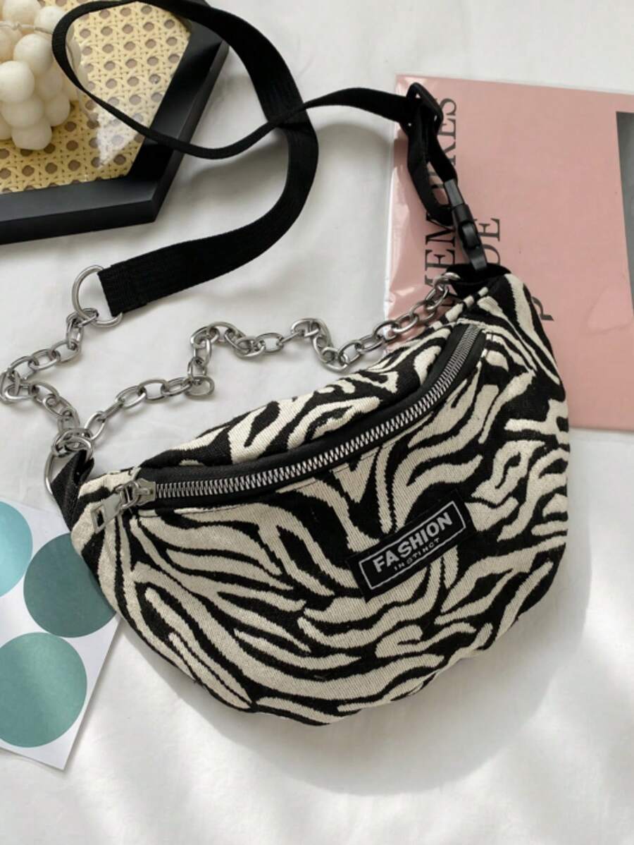 Letter Patch Decor Bum Bag Zipper Small Zebra Striped - Black and White - View 1