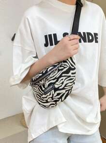 Letter Patch Decor Bum Bag Zipper Small Zebra Striped - Black and White - View 2