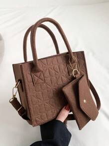 Geometric Pattern Square Bag Felt With Coin Purse - Coffee Brown - View 4