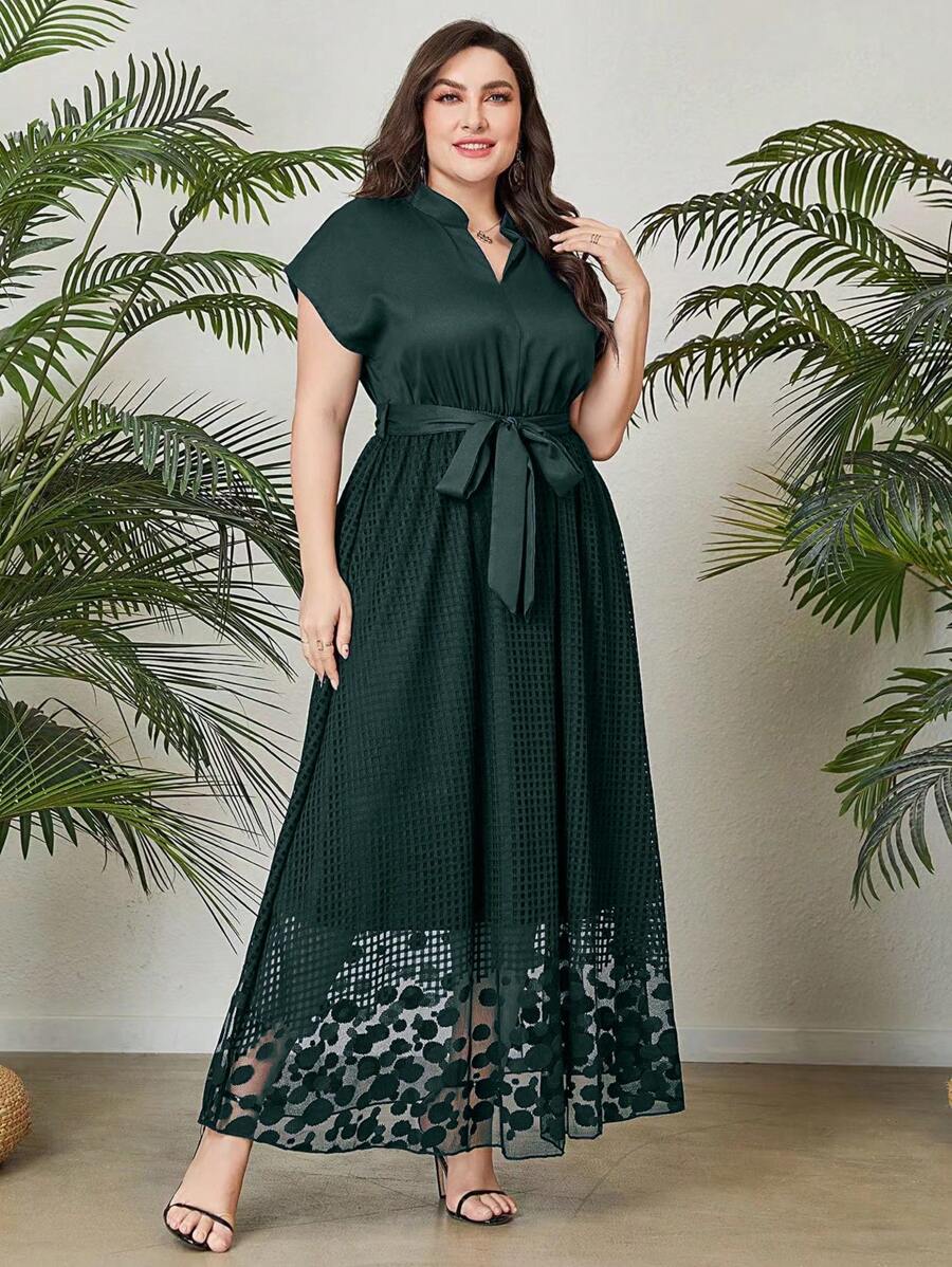 Modelyn Plus Notched Neckline Belted Dress - Army Green - View 1