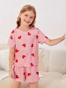 SHEIN Leap Crew Conjunto De Pijama Para Tween Chica Con Camiseta Con Estampado De Corazón Y Pantalones Cortos - Rosa - Ver 1