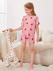 SHEIN Leap Crew Conjunto De Pijama Para Tween Chica Con Camiseta Con Estampado De Corazón Y Pantalones Cortos - Rosa - Ver 4
