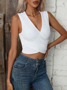 SHEIN VCAY 素色交叉圍裹短款背心 - 白色 - 查看 6