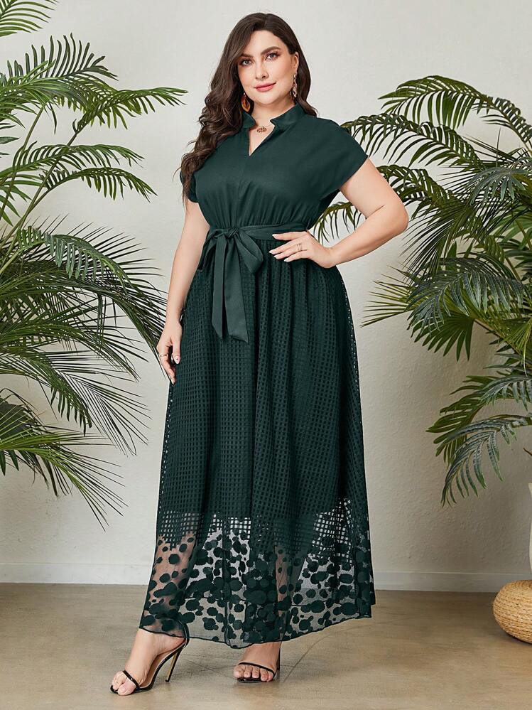 Modelyn Plus Notched Neckline Belted Dress - Army Green - View 5