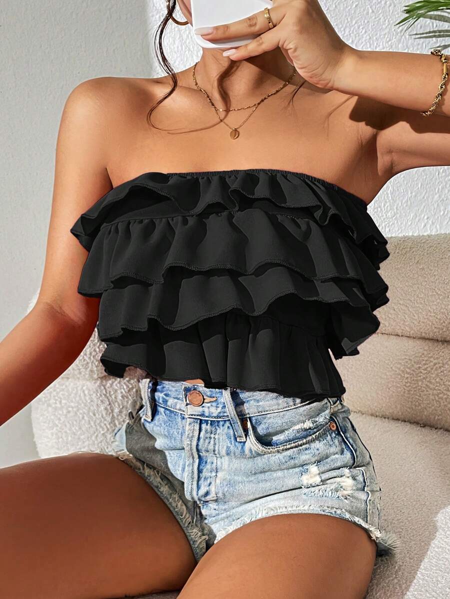 SHEIN PETITE Ruffle Trim Tube Top - Black - View 1