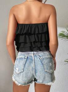 SHEIN PETITE Ruffle Trim Tube Top - Black - View 2