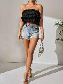 SHEIN PETITE Ruffle Trim Tube Top - Black - View 3