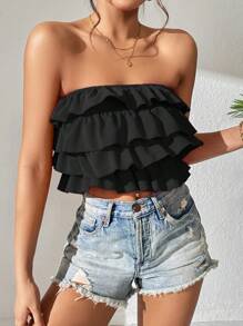SHEIN PETITE Ruffle Trim Tube Top - Black - View 4