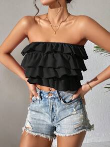 SHEIN PETITE Ruffle Trim Tube Top - Black - View 5