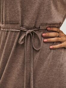 SHEIN LUNE 素色腰部抽繩蝙蝠袖連衣裙 - 摩卡棕 - 查看 5