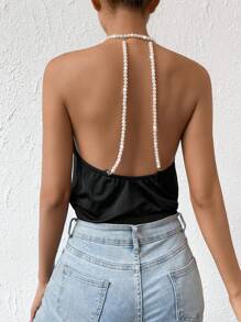 Allurite Draped Collar Pearls Beaded Halter Neck Bodysuit - Black - View 3