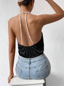 Allurite Draped Collar Pearls Beaded Halter Neck Bodysuit - Black - View 1