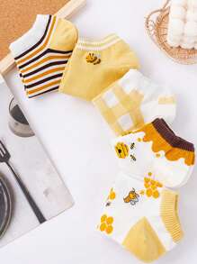 5pairs Women Cartoon Bee & Striped Pattern Cute Ankle Socks, For Daily Life - Multicolor - View 1