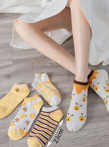 5pairs Women Cartoon Bee & Striped Pattern Cute Ankle Socks, For Daily Life - Multicolor - View 3
