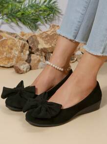 女士坡跟系带高跟鞋，女士全包裹低鞋面坡跟鞋黑色纯色圆头厚底休闲鞋绒面四季蝴蝶结坡跟厚底鞋 - 黑色 - 查看 2
