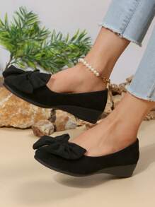 女士坡跟系带高跟鞋，女士全包裹低鞋面坡跟鞋黑色纯色圆头厚底休闲鞋绒面四季蝴蝶结坡跟厚底鞋 - 黑色 - 查看 3