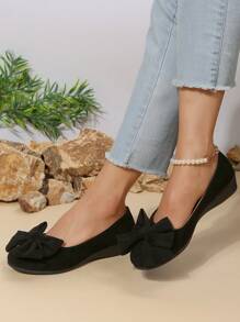 女士坡跟系带高跟鞋，女士全包裹低鞋面坡跟鞋黑色纯色圆头厚底休闲鞋绒面四季蝴蝶结坡跟厚底鞋 - 黑色 - 查看 4