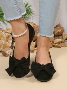 女士坡跟系带高跟鞋，女士全包裹低鞋面坡跟鞋黑色纯色圆头厚底休闲鞋绒面四季蝴蝶结坡跟厚底鞋 - 黑色 - 查看 5