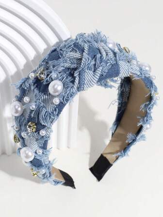 皇家1件装女士仿珍珠水钻装饰打结设计时尚发箍，可作装饰头饰、发箍、发圈、发带、发箍头饰等发饰