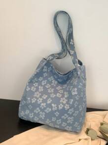 Túi tote phong cách Preppy Trang trí hoa tay cầm đôi - Màu xanh lam - Xem 6