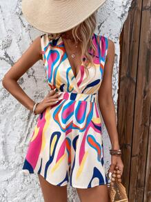 SHEIN VCAY 滿版印花交疊領連身短褲 - 彩色 - 查看 2