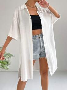 SHEIN EZwear 素色落肩袖下擺開叉襯衫 - 白色 - 查看 1
