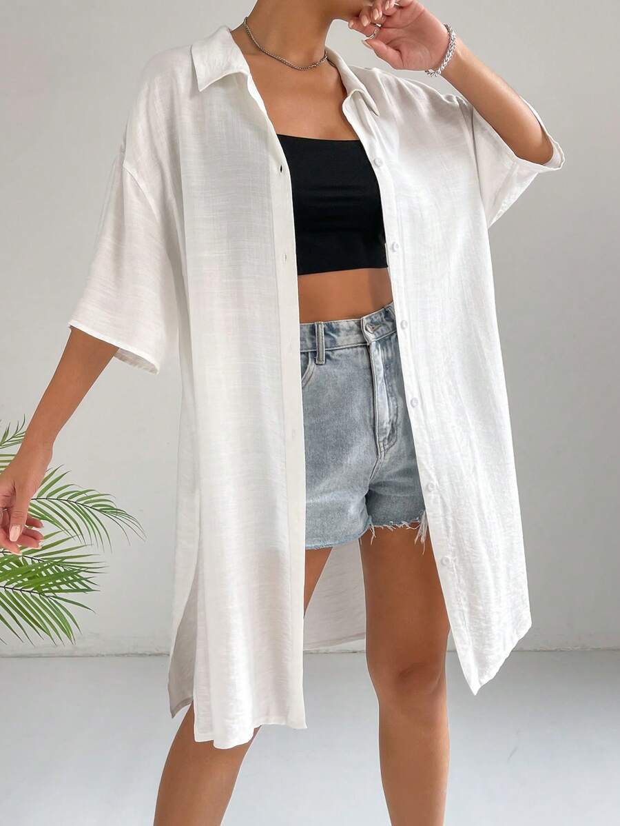 SHEIN EZwear 素色落肩袖下擺開叉襯衫 - 白色 - 查看 1