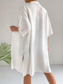 SHEIN EZwear 素色落肩袖下擺開叉襯衫 - 白色 - 查看 2