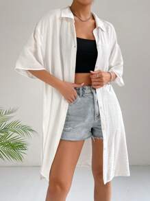 SHEIN EZwear 素色落肩袖下擺開叉襯衫 - 白色 - 查看 3