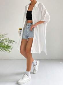 SHEIN EZwear 素色落肩袖下擺開叉襯衫 - 白色 - 查看 4