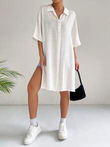 SHEIN EZwear 素色落肩袖下擺開叉襯衫 - 白色 - 查看 5