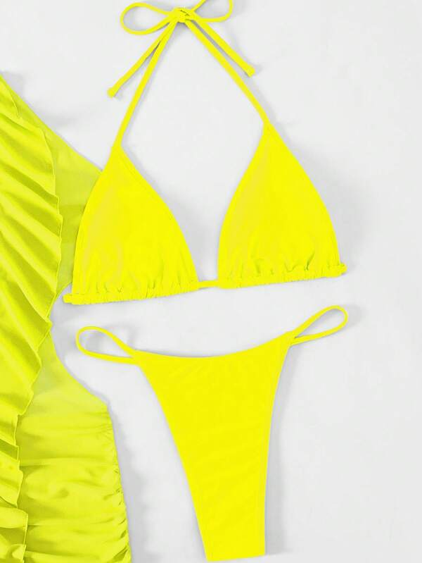 SHEIN Swim BAE Ruffle Trim Halter Triangle Bikini Swimsuit With Cover