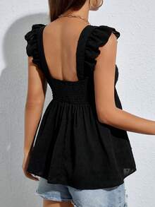 SHEIN PETITE Swiss Dot Ruffle Trim Peplum Blouse - Black - View 2