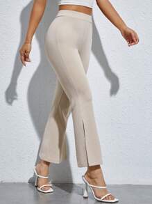 SHEIN PETITE 高腰下擺開叉喇叭褲 - 米色 - 查看 1