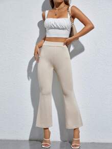 SHEIN PETITE 高腰下擺開叉喇叭褲 - 米色 - 查看 3