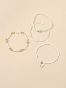 Set de 4 piezas de tobilleras para niñas con perlas cultivadas, perlas de semilla, y diseños de mariposa y corazón - Multicolor - Ver 3