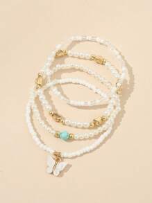 Set de 4 piezas de tobilleras para niñas con perlas cultivadas, perlas de semilla, y diseños de mariposa y corazón - Multicolor - Ver 2