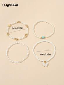 Set de 4 piezas de tobilleras para niñas con perlas cultivadas, perlas de semilla, y diseños de mariposa y corazón - Multicolor - Ver 4