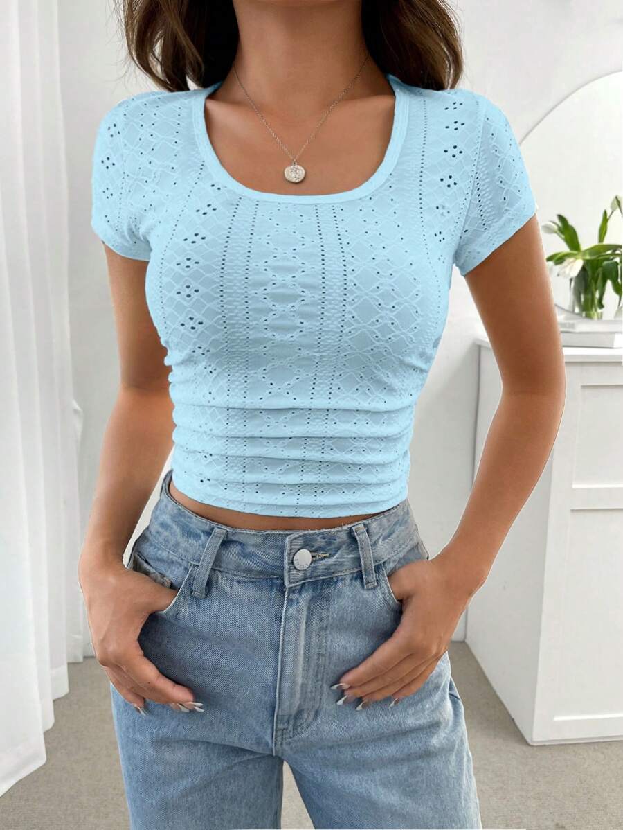 SHEIN EZwear 網眼刺繡大圓領短款T恤 - 薄荷藍 - 查看 1