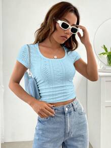 SHEIN EZwear 網眼刺繡大圓領短款T恤 - 薄荷藍 - 查看 3