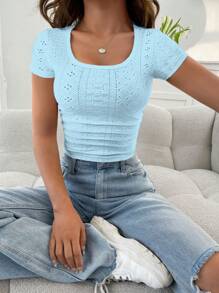 SHEIN EZwear 網眼刺繡大圓領短款T恤 - 薄荷藍 - 查看 6