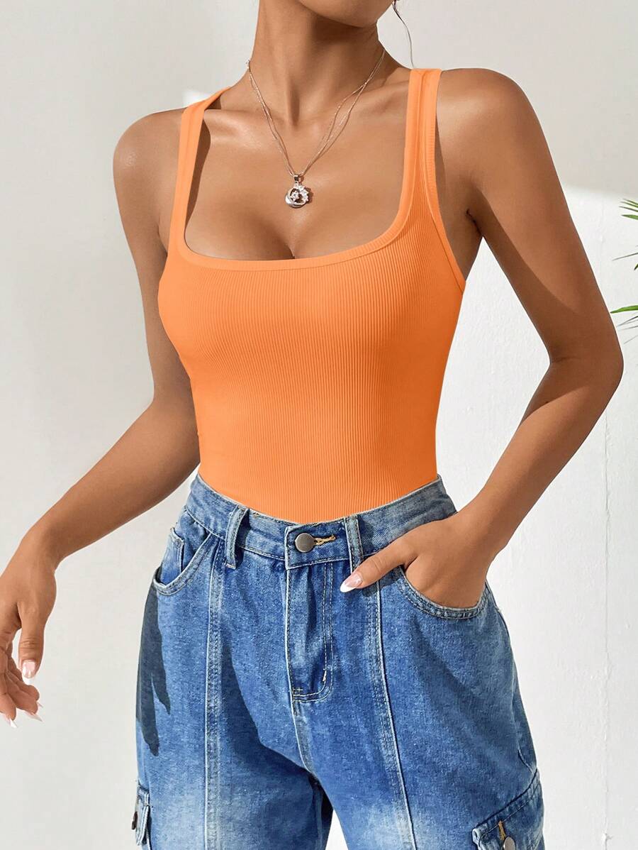 SHEIN EZwear Áo liền quần ôm nữ Gân đan màu trơn Giải trí - trái cam - Xem 1