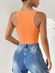 SHEIN EZwear Áo liền quần ôm nữ Gân đan màu trơn Giải trí - trái cam - Xem 2