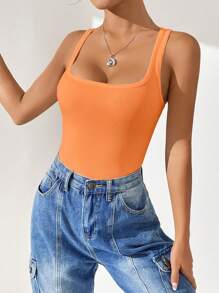 SHEIN EZwear Áo liền quần ôm nữ Gân đan màu trơn Giải trí - trái cam - Xem 5