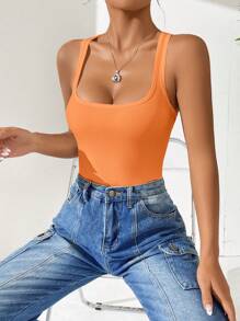 SHEIN EZwear Áo liền quần ôm nữ Gân đan màu trơn Giải trí - trái cam - Xem 6